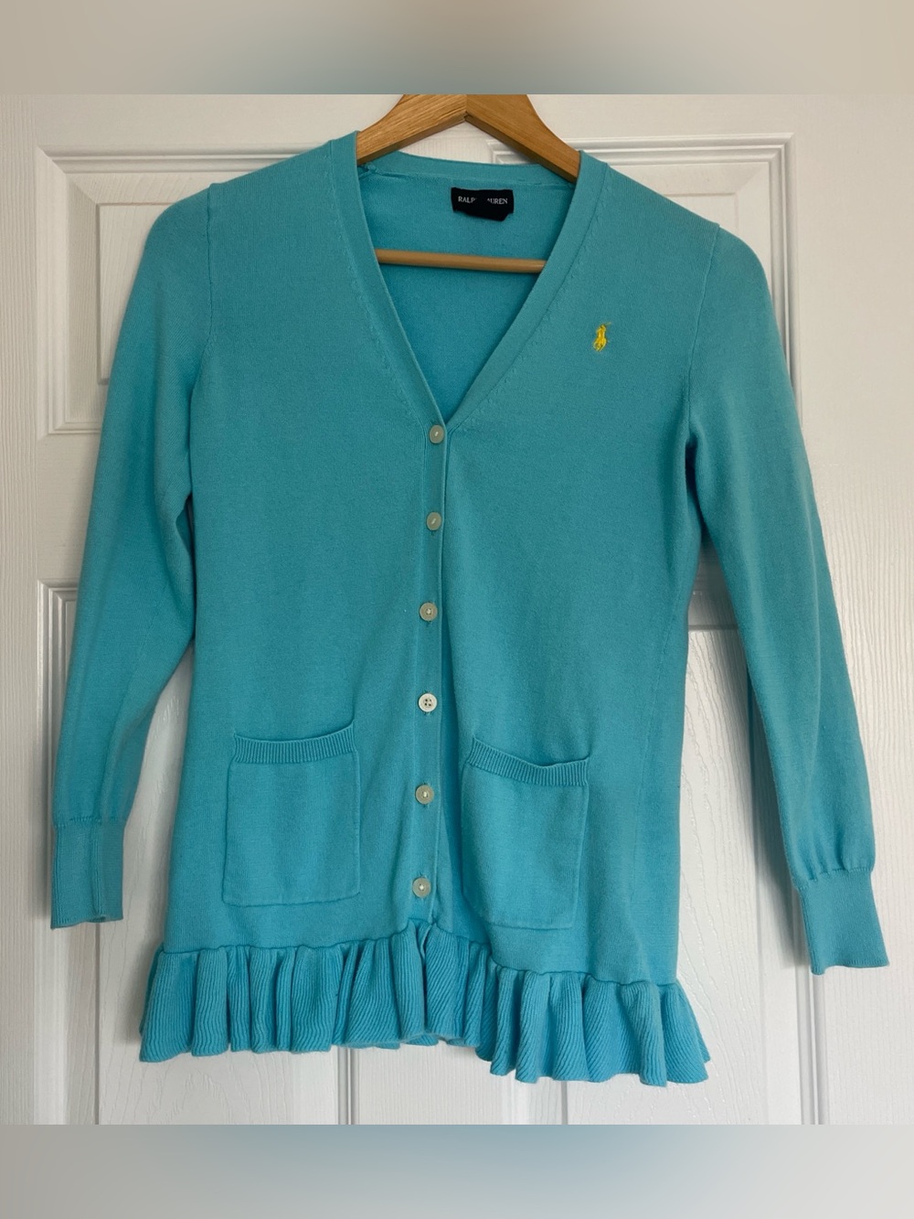 Kids Ralph Lauren Turquoise Ruffle-Hem Cotton Cardigan